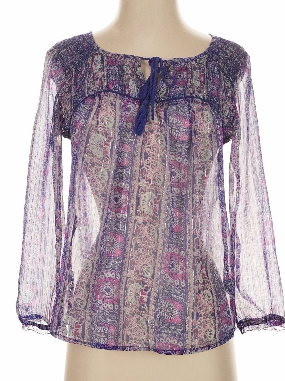 American Eagle Outfitters Sheer Boho Peasant Blouse S Purple Pink Paisley Print